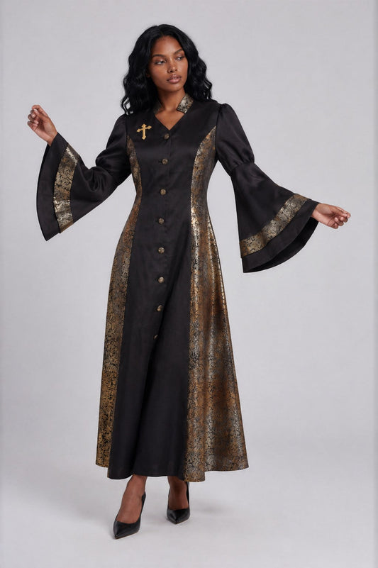 Front view of a model wearing the black and gold Tally Taylor Divine Elegance Rhinestone Robe - 4565 with metallic patterned panels, bell sleeves and a cross detail