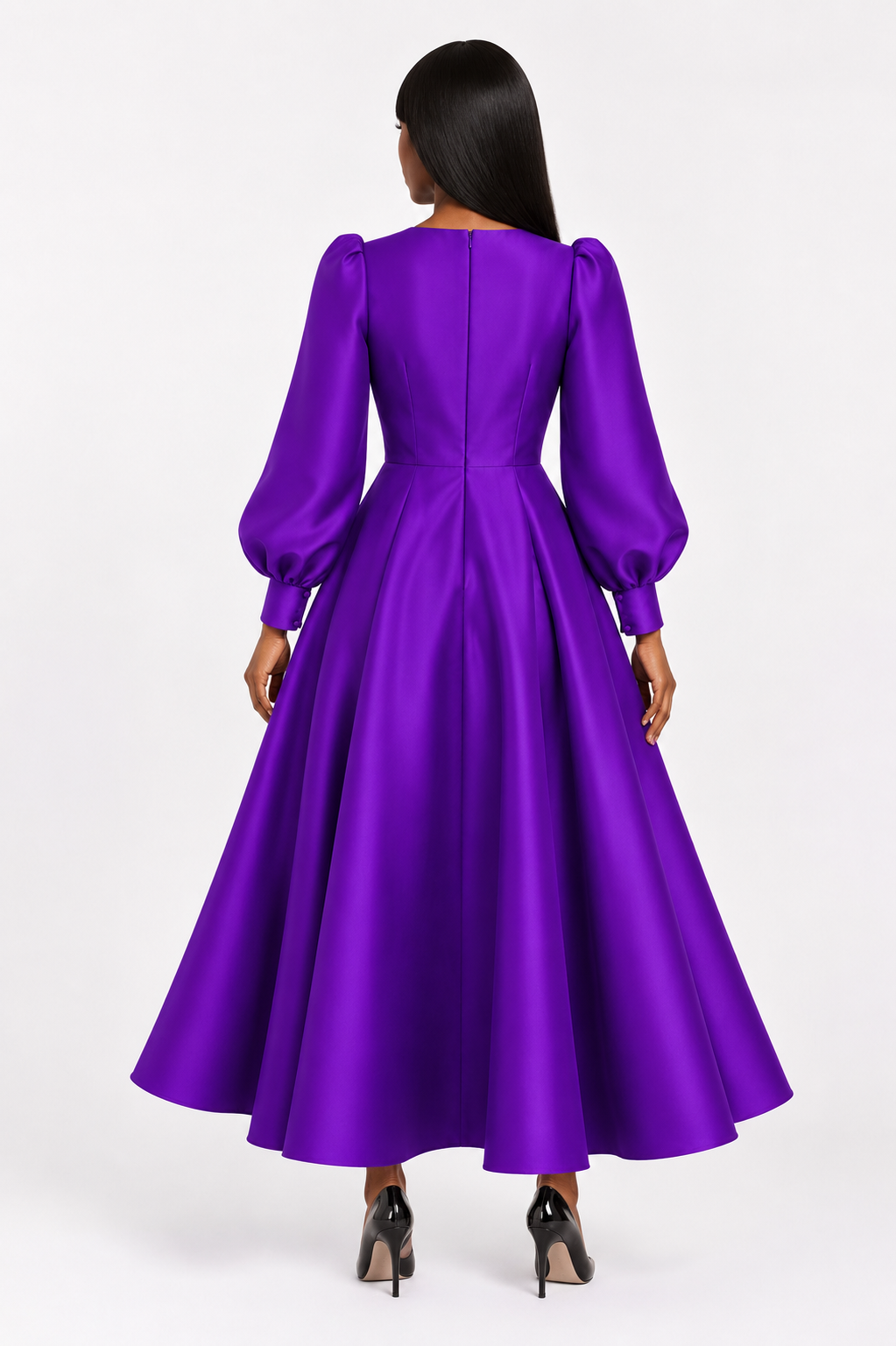 Back view of a model wearing the purple Tally Taylor Elegant Long Dress with Bishop Sleeves - 4820, featuring a fitted waist and full skirt