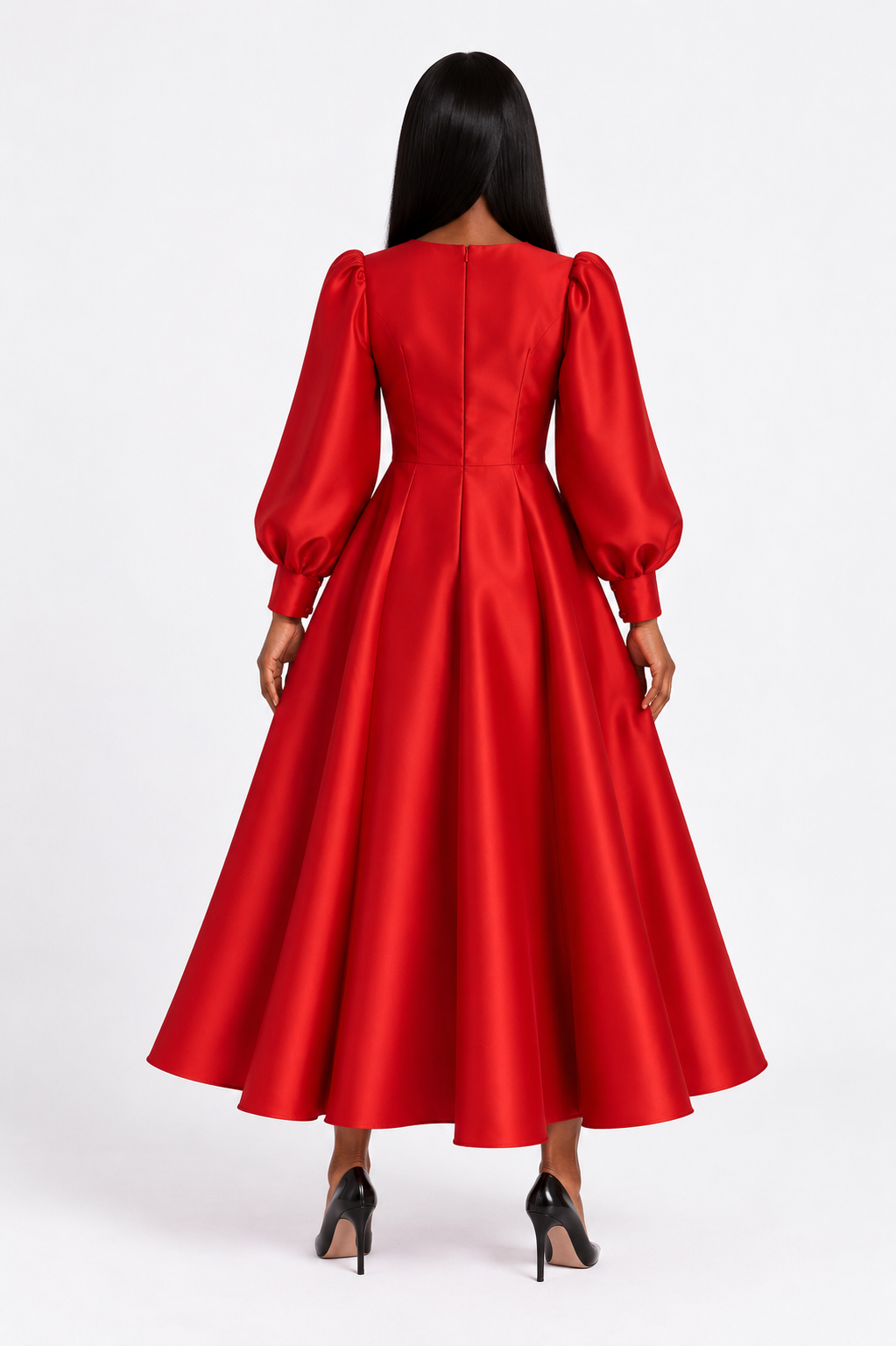 Back view of a model wearing the red Tally Taylor Elegant Long Dress with Bishop Sleeves - 4820, featuring a fitted waist and full skirt