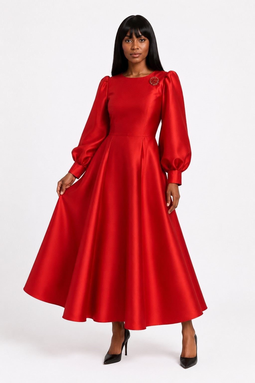 Front view of a model wearing the red Tally Taylor Elegant Long Dress with Bishop Sleeves - 4820, featuring a jeweled brooch and full skirt