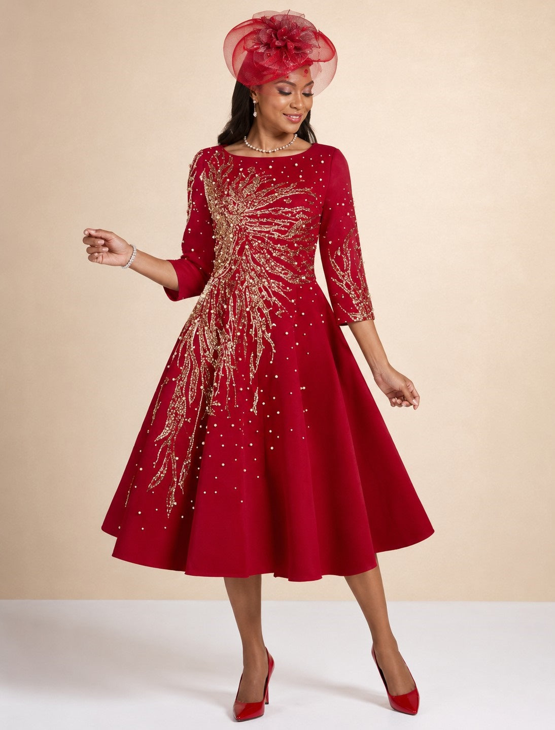 Front view of model wearing the Tally Taylor Elegant Sequin A-Line Dress – U0261 in red with gold sequin detailing and three-quarter sleeves