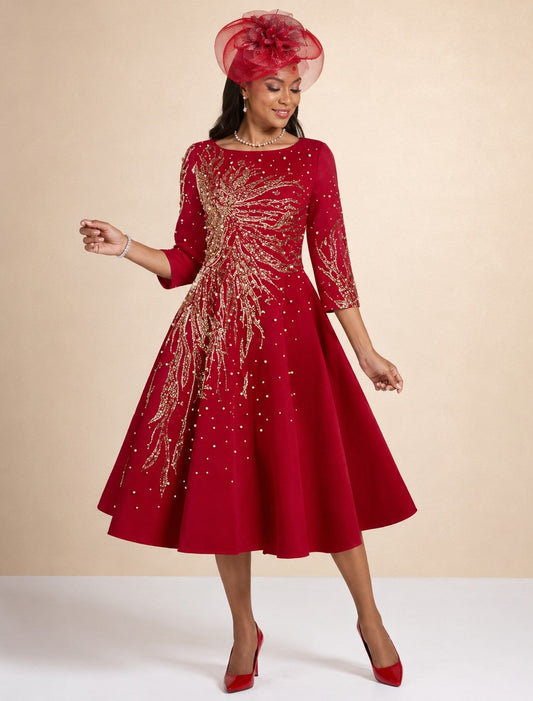 Front view of model wearing the Tally Taylor Elegant Sequin A-Line Dress – U0261 in red with gold sequin detailing and three-quarter sleeves
