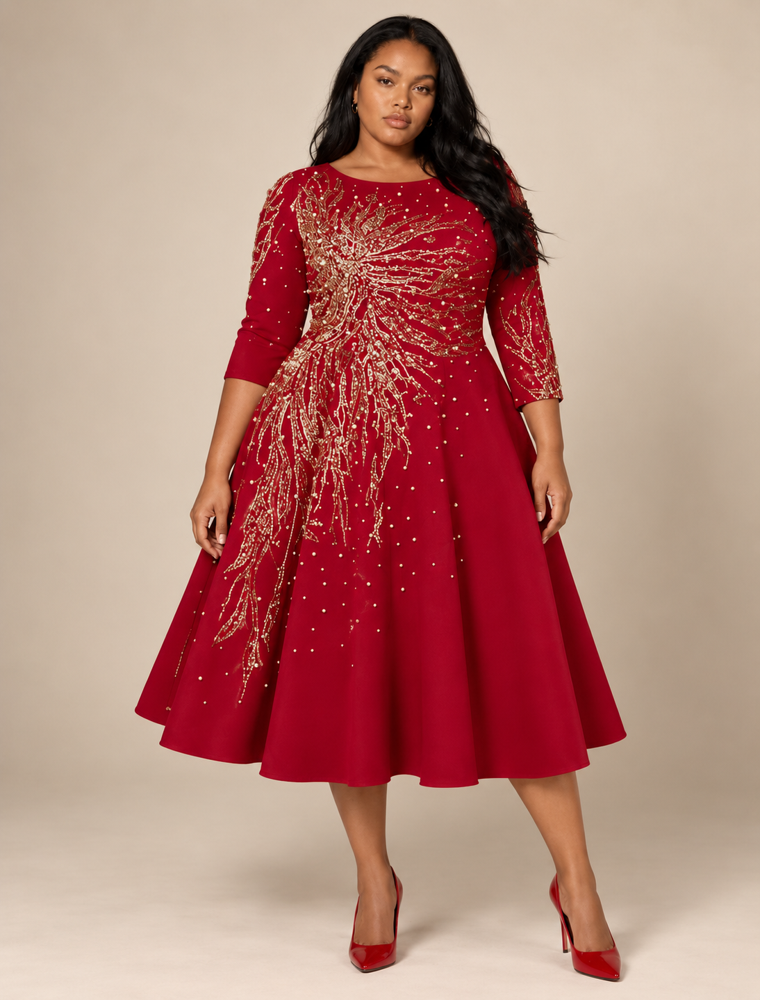 Front view of a plus-size model wearing the Tally Taylor Elegant Sequin A-Line Dress – U0261 in red with gold sequin detailing and three-quarter sleeves