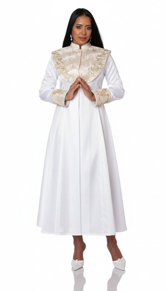Front view of a model wearing the white Tally Taylor Embroidered Clergy Midi Dress - 41093 with gold embroidered yoke, high collar, and matching cuffs