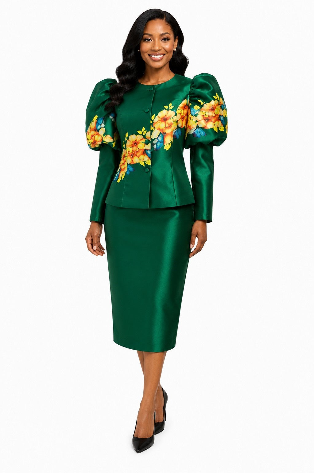 Front view of a model wearing the emerald green Tally Taylor Floral Puff Sleeve Jacket & Midi Skirt Set – T5749 with orange, yellow, and blue floral accents