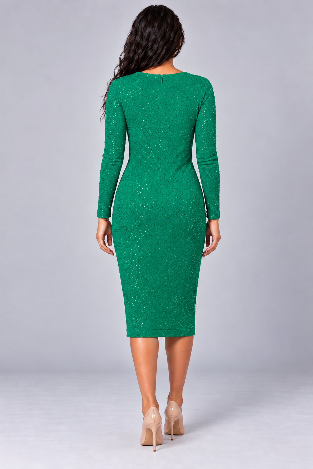 Back view of a model wearing the green Tally Taylor Glimmer Sheath Dress - 5388 with long sleeves, a back zipper, and allover sparkling embellishments