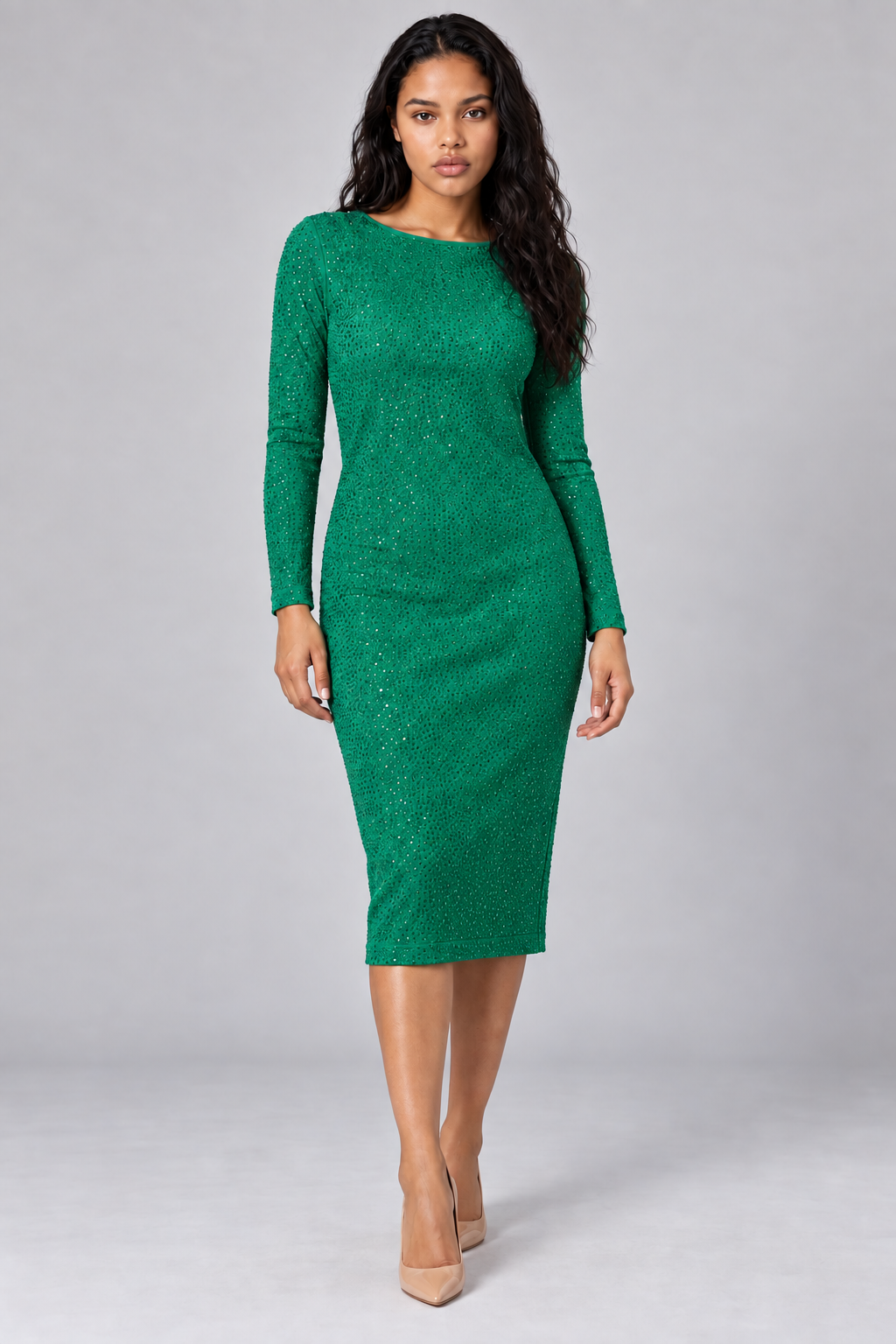 Front view of a model wearing the green Tally Taylor Glimmer Sheath Dress - 5388 with long sleeves, a round neckline, and allover sparkling embellishments