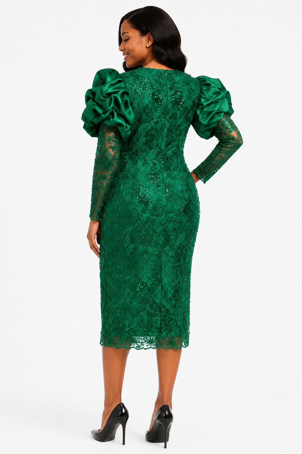 Model showing the back of the Tally Taylor Sequin Lace Puff Sleeve Midi Dress in green, featuring floral sequin lace, statement satin puff sleeves, and back zipper, style S0063.