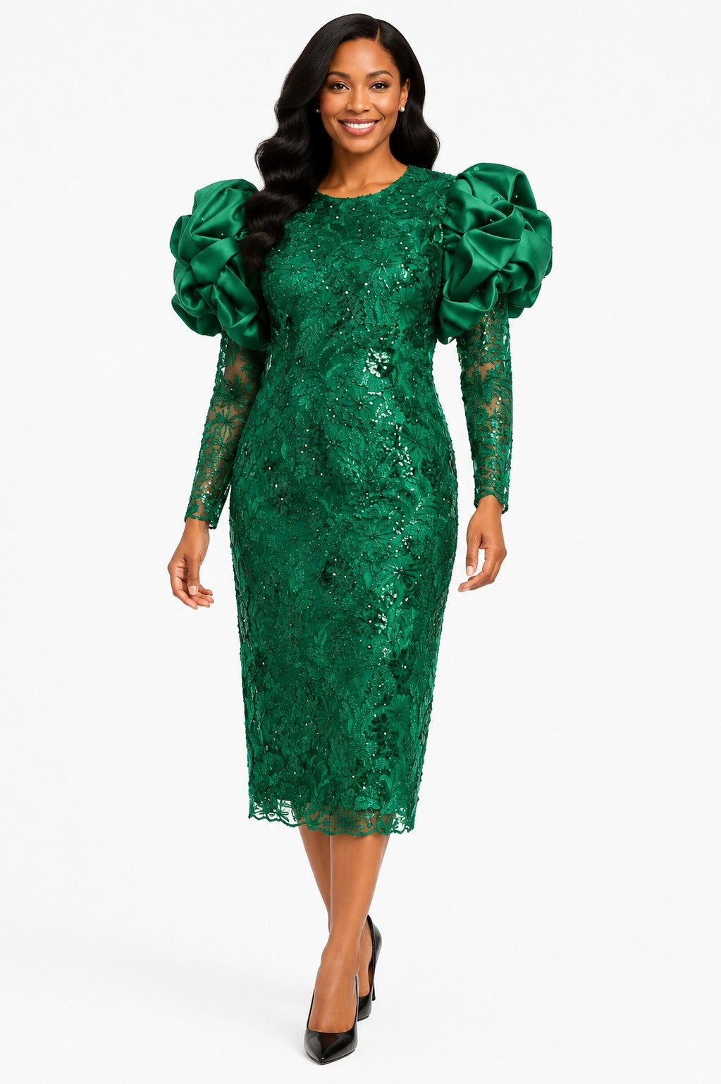 Model wearing the Tally Taylor Sequin Lace Puff Sleeve Midi Dress in green, featuring floral sequin lace and statement satin puff sleeves, style S0063.