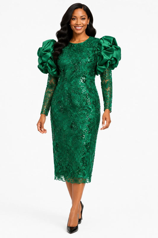Model wearing the Tally Taylor Sequin Lace Puff Sleeve Midi Dress in green, featuring floral sequin lace and statement satin puff sleeves, style S0063.
