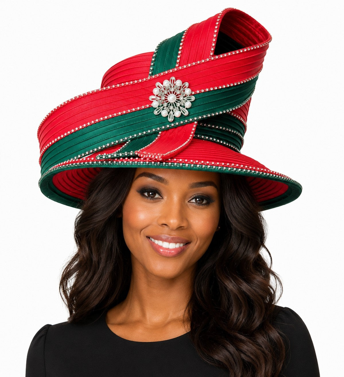 Front view of Tally Taylor Jeweled Bow Statement Hat - U0110 in red and green with rhinestone trim and a jeweled centerpiece on a model