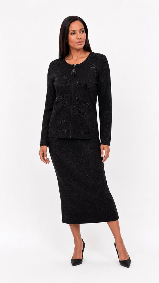 Front view of a model wearing the black Tally Taylor Jeweled Detail Knit Skirt Suit - 5401 with a long-sleeve zip-front jacket, jeweled zipper pull, sparkling details, and matching midi skirt