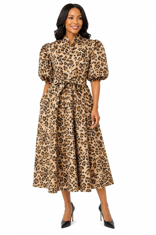 Model wearing the Tally Taylor Animal Print Belted Midi Dress in leopard print, featuring puff sleeves, a button front, and self-tie waist, style S0268.