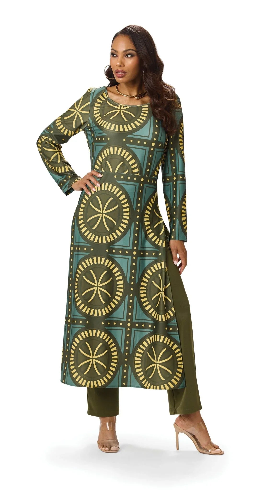 Model wearing the Tally Taylor Geo Circle Print Long Tunic Pant Set in olive green, featuring a bold geometric print and coordinating pants, style S0274.