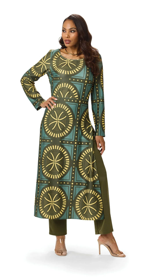 Model wearing the Tally Taylor Geo Circle Print Long Tunic Pant Set in olive green, featuring a bold geometric print and coordinating pants, style S0274.