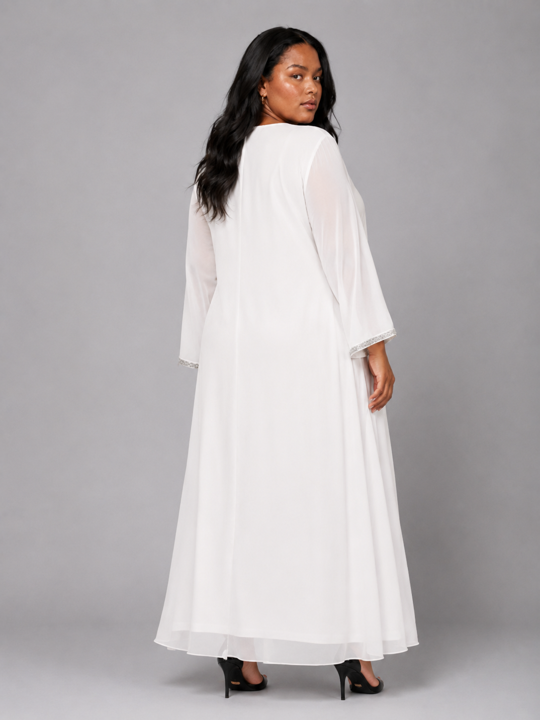 Tally Taylor Plus Size Crystal Trim Chiffon Caftan Dress with flowing back and crystal-trim sleeves, style U0527W