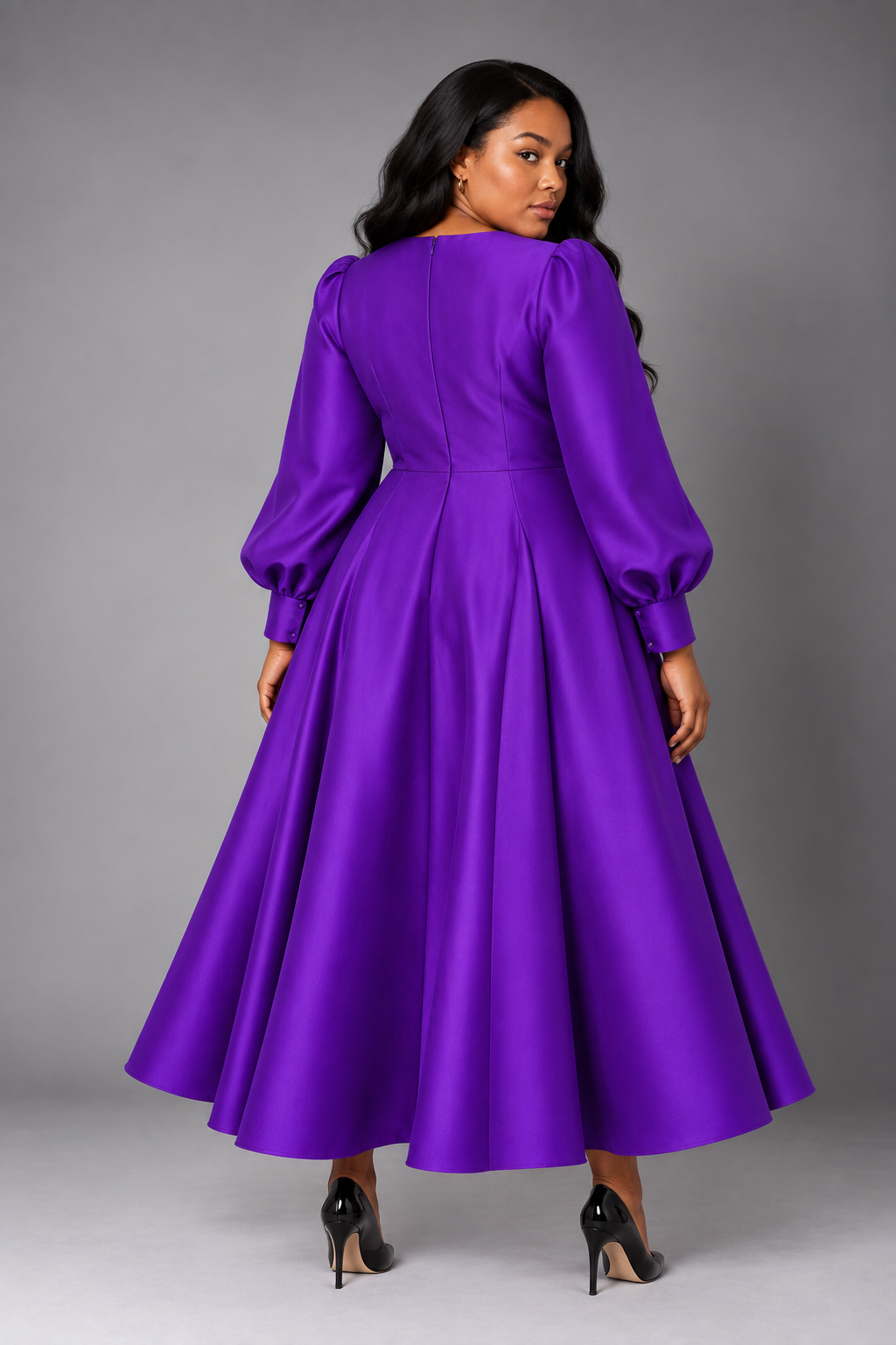 Back view of a plus-size model wearing the purple Tally Taylor Elegant Long Dress with Bishop Sleeves - 4820W, featuring a fitted waist and full skirt