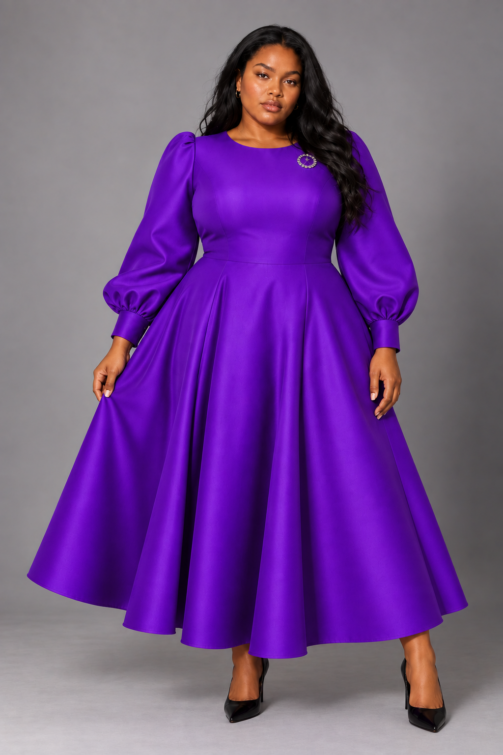 Front view of a plus-size model wearing the purple Tally Taylor Elegant Long Dress with Bishop Sleeves - 4820W, featuring a jeweled brooch and full skirt