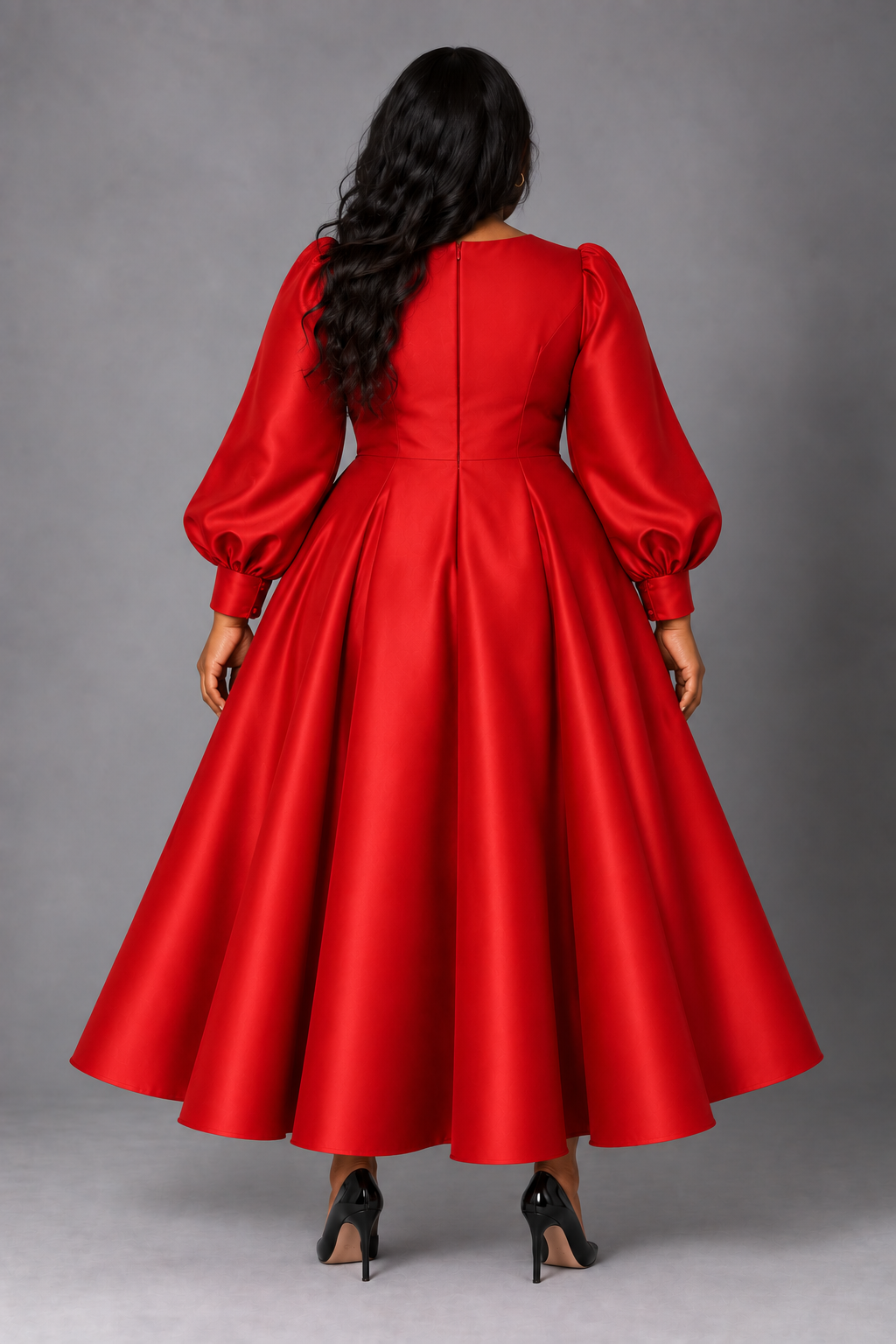 Back view of a plus-size model wearing the red Tally Taylor Elegant Long Dress with Bishop Sleeves - 4820W, featuring a fitted waist and full skirt
