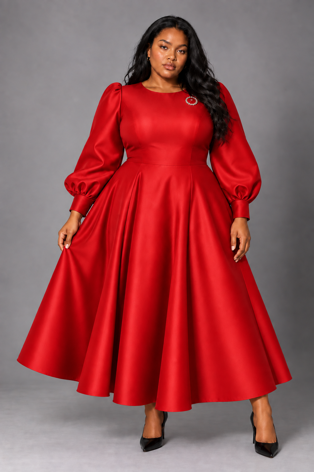 Front view of a plus-size model wearing the red Tally Taylor Elegant Long Dress with Bishop Sleeves - 4820W, featuring a jeweled brooch and full skirt