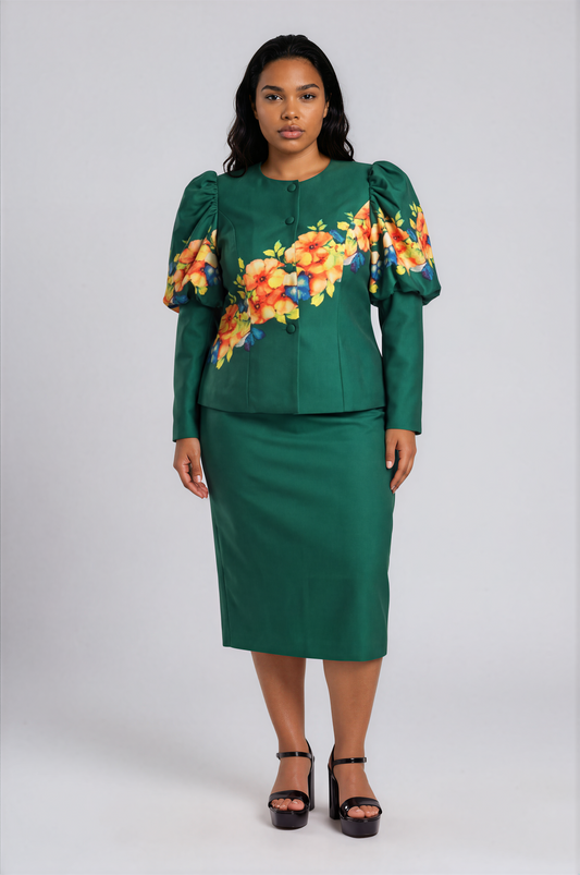 Front view of a plus-size model wearing the emerald green Tally Taylor Plus Size Floral Puff Sleeve Jacket & Midi Skirt Set – T5749W with orange, yellow, and blue floral accents