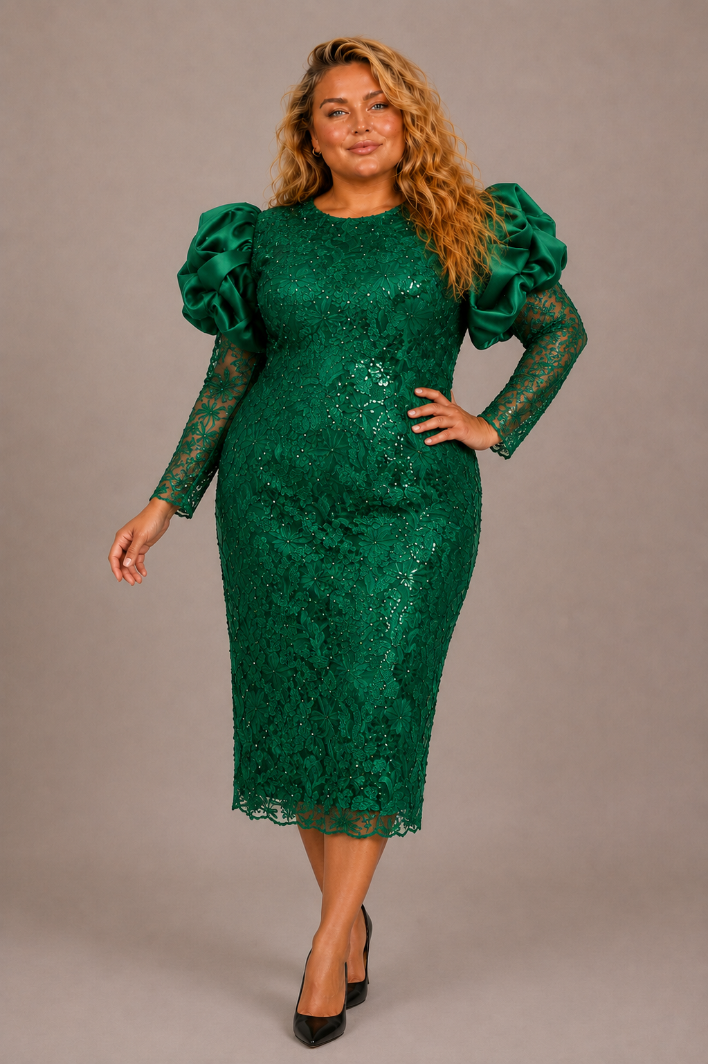 Plus size model wearing the Tally Taylor Sequin Lace Puff Sleeve Midi Dress in green, featuring floral sequin lace and statement satin puff sleeves, style S0063W.