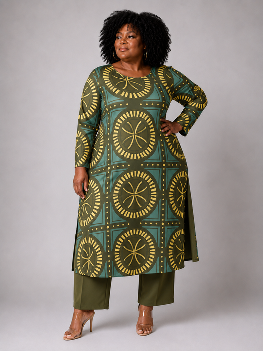 Plus size model wearing the Tally Taylor Geo Circle Print Long Tunic Pant Set in olive green, featuring a bold geometric print and coordinating pants, style S0274W