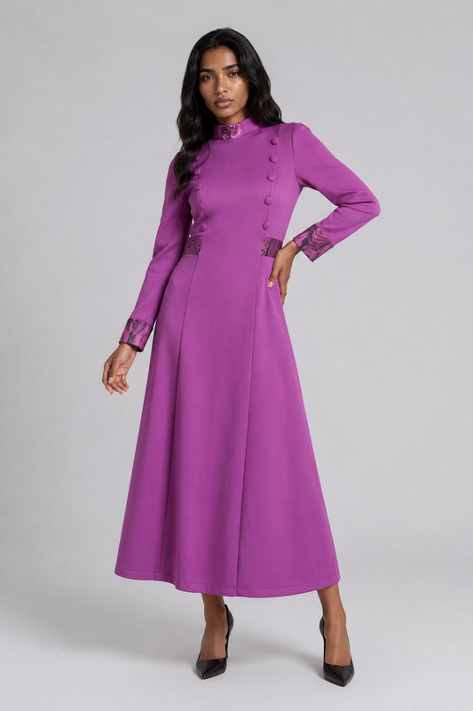 Tally Taylor plus size purple women's clergy robe featuring regal trim, decorative button accents, long sleeves, and a flattering A-line silhouette.