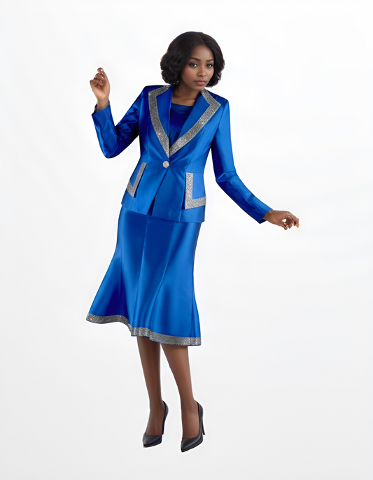 Tally Taylor royal blue three-piece skirt suit featuring a rhinestone-trimmed jacket, coordinating sleeveless top, and knee-length skirt with contrasting trim.