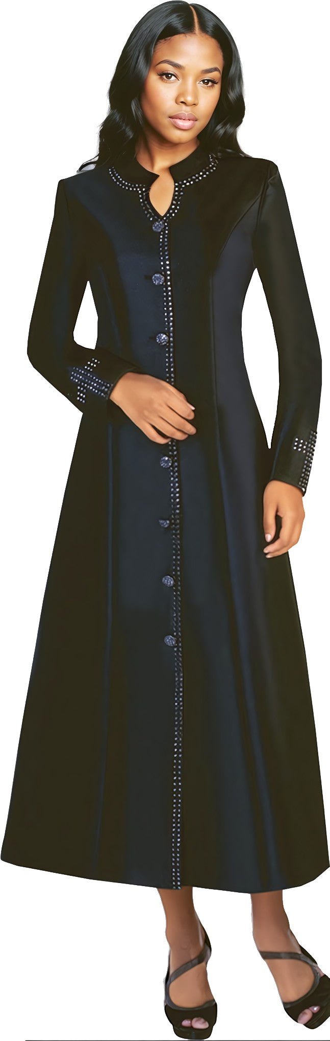 Front view of a model wearing the black Tally Taylor Satin Cassock Robe with Rhinestone Button Front - 4445, featuring long sleeves, a stand collar, rhinestone trim, and decorative buttons