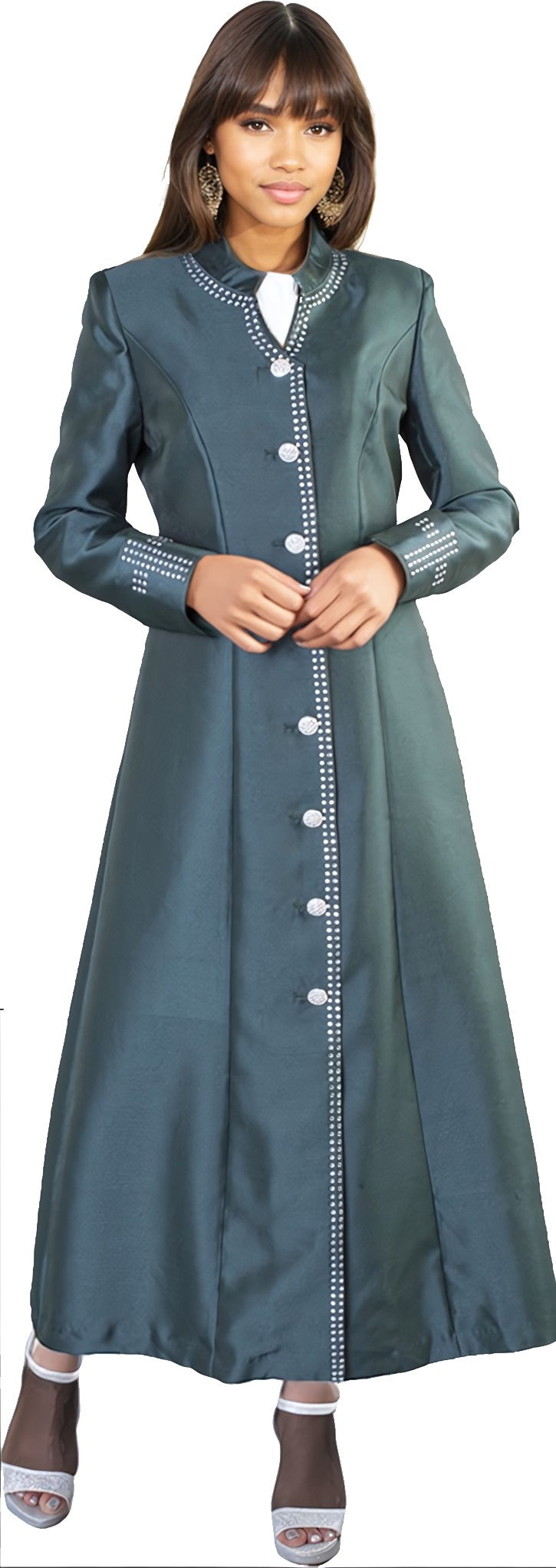 Front view of a model wearing the hunter green Tally Taylor Satin Cassock Robe with Rhinestone Button Front - 4445, featuring long sleeves, a stand collar, rhinestone trim, and decorative buttons