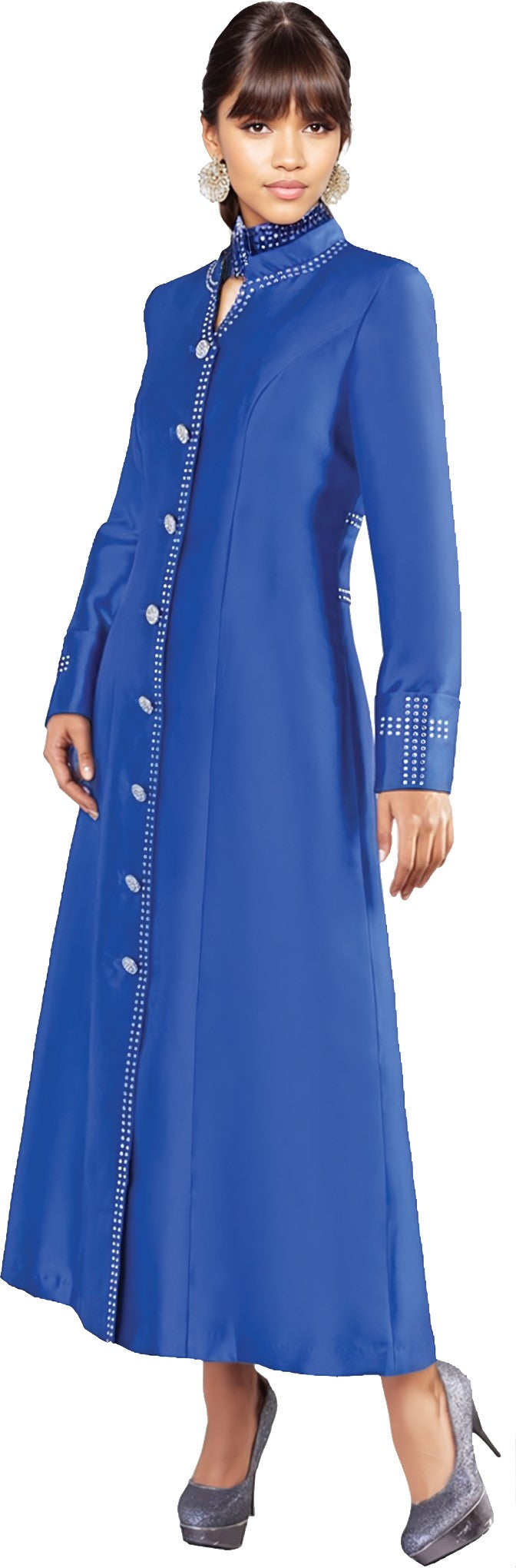 Front view of a model wearing the royal blue Tally Taylor Satin Cassock Robe with Rhinestone Button Front - 4445, featuring long sleeves, a stand collar, rhinestone trim, and decorative buttons