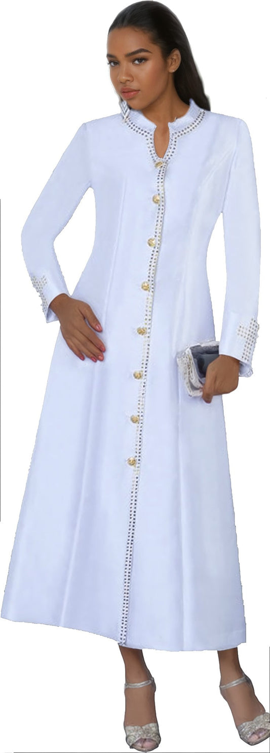 Front view of a model wearing the white Tally Taylor Satin Cassock Robe with Rhinestone Button Front - 4445, featuring long sleeves, a stand collar, rhinestone trim, and decorative buttons