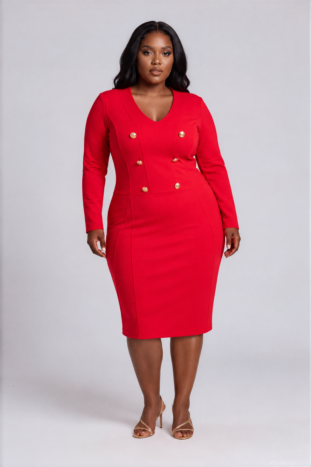 Front view of a plus-size model wearing the red Tally Taylor V-Neck Knit Dress with Gold Button Details - 51001, featuring long sleeves, paneled detailing, six gold buttons, and a knee-length skirt.