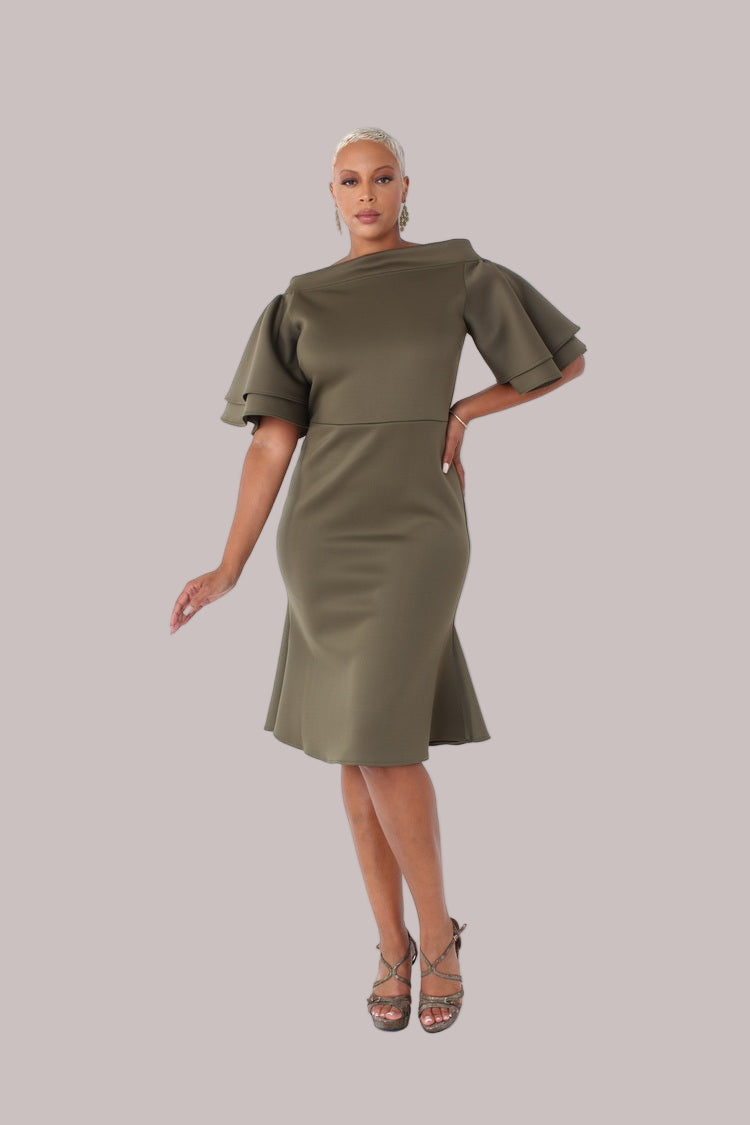 Front view of hunter green tiered bell-sleeve midi dress — For Her NYC