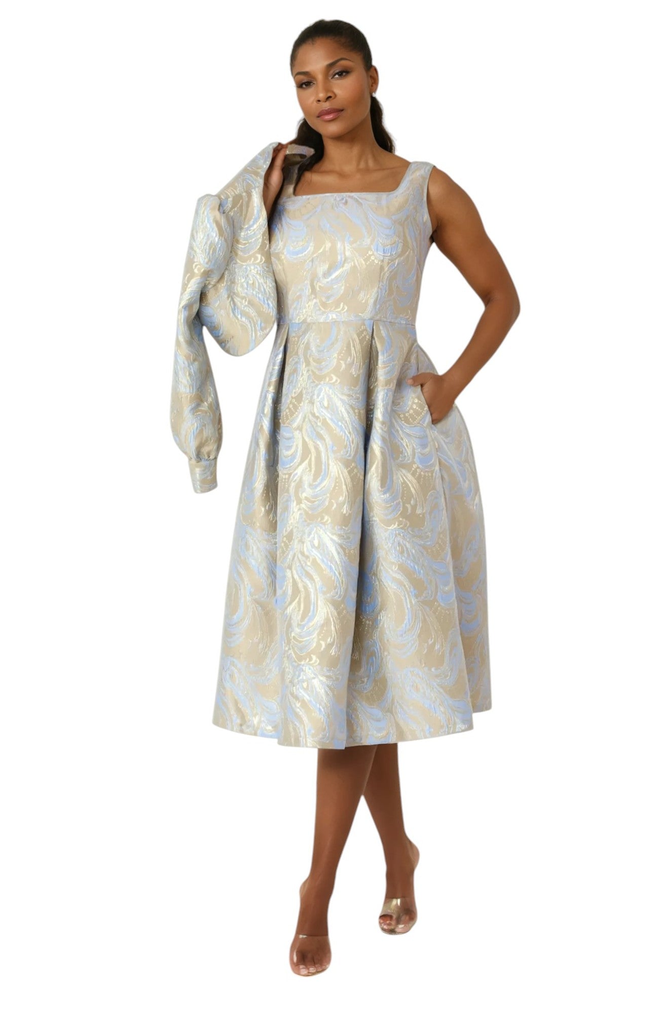 Two-Piece Metallic Brocade Dress with Balloon Sleeve Jacket