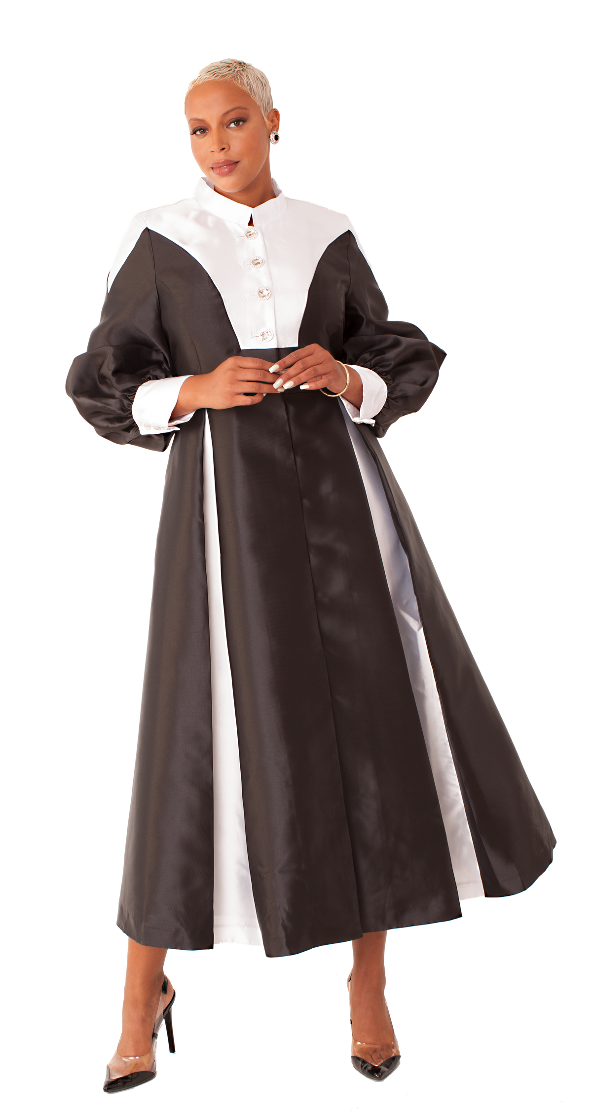 Black woven cassock robe with bishop sleeves and rhinestone button detail, model standing front pose – Tally Taylor