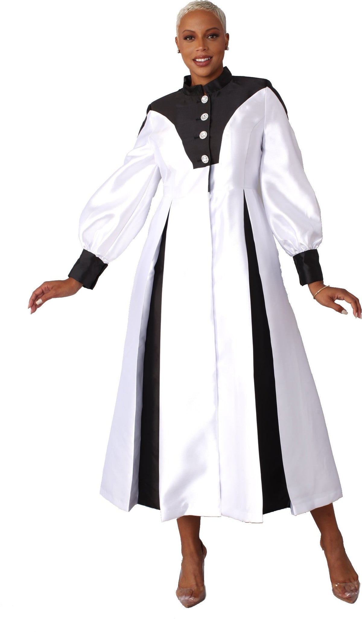 Black and white two-toned woven cassock robe with bishop sleeves and rhinestone buttons, model standing front pose – Tally Taylor