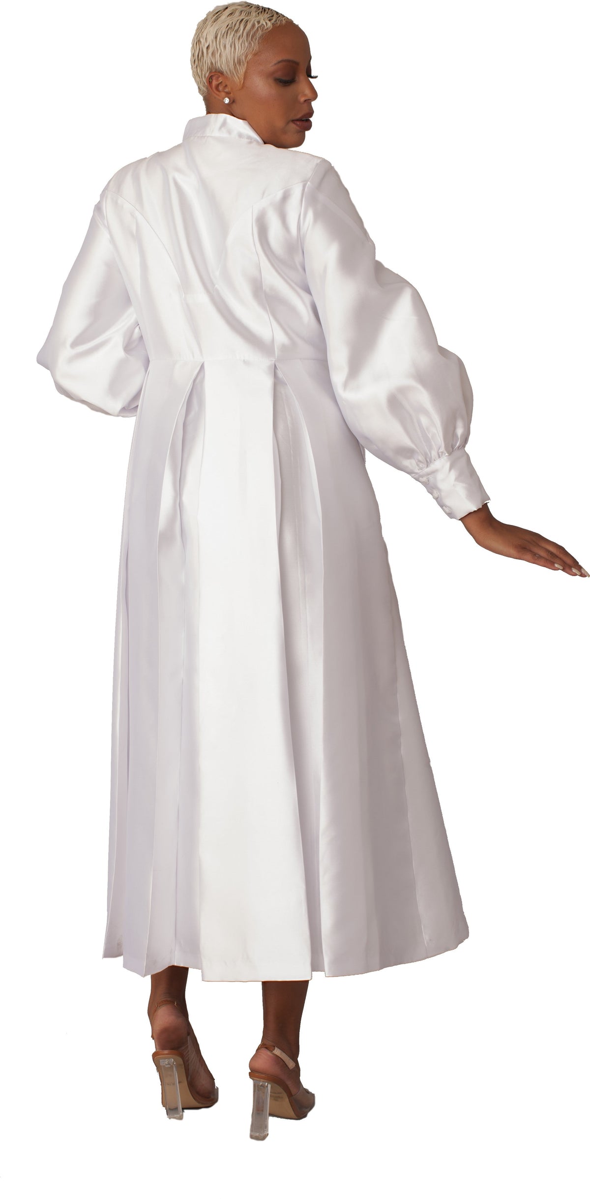 White two-toned woven cassock robe with bishop sleeves and rhinestone button details, model back pose showing pleats – Tally Taylor
