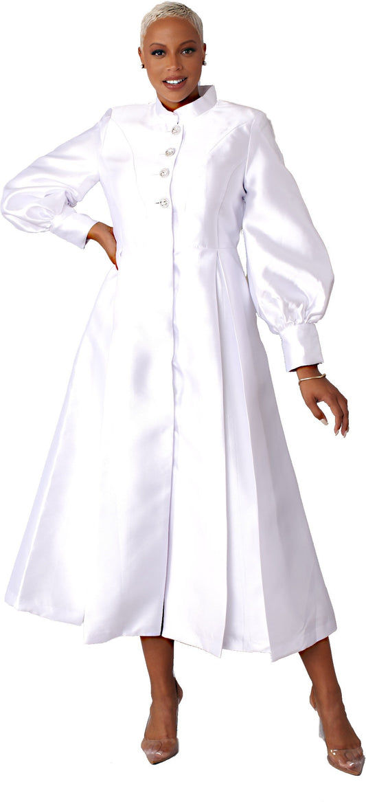 White two-toned woven cassock robe with bishop sleeves and rhinestone button details, model standing front pose – Tally Taylor