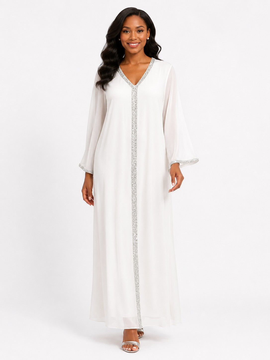 Plus Size Crystal Trim Chiffon Caftan Dress - U0527W