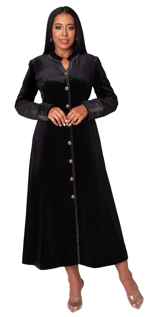 Model wearing black velvet church robe with crystal trim, front standing pose by Tally Taylor