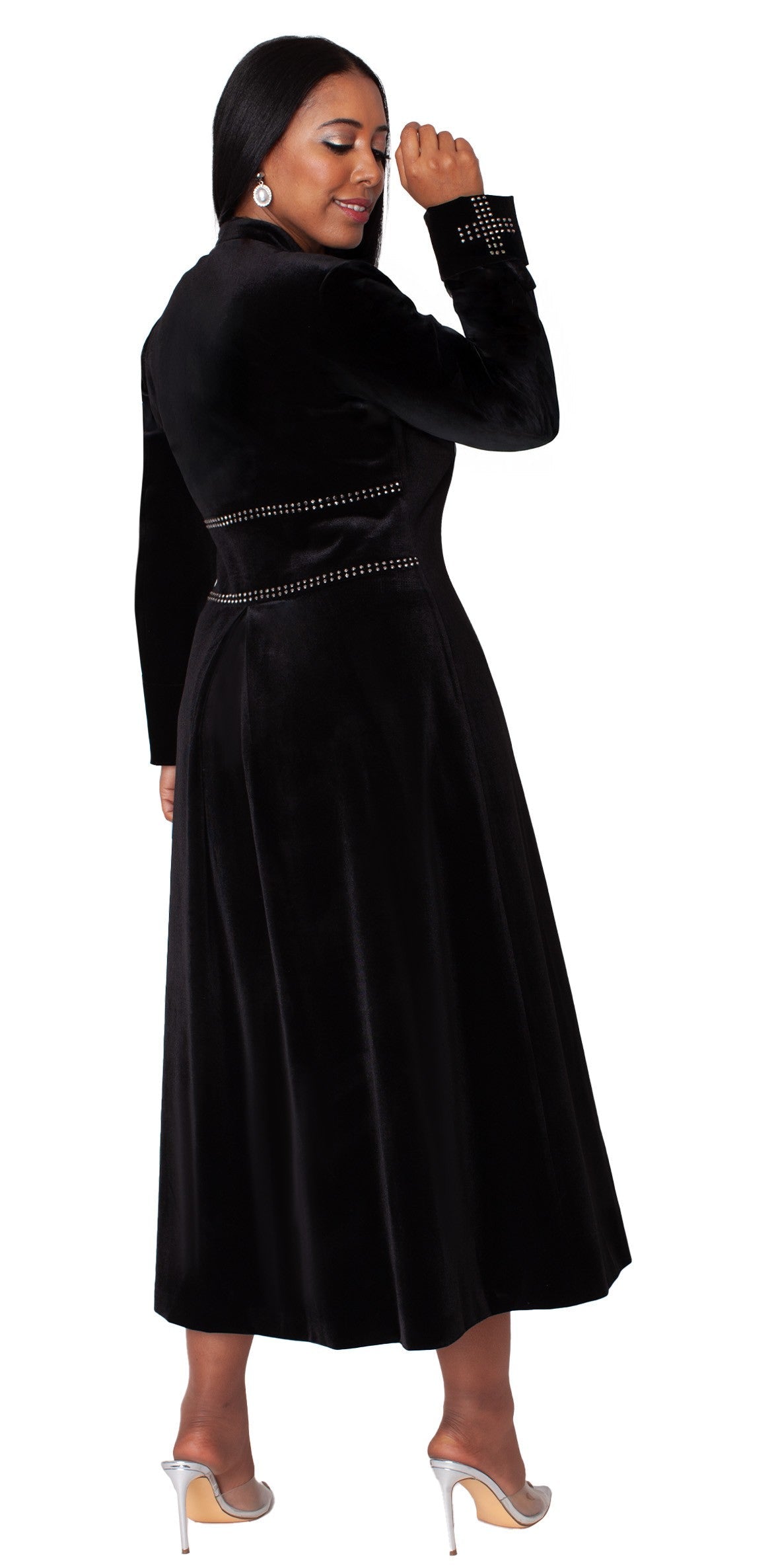 Model wearing black velvet church robe with crystal trim, side standing pose by Tally Taylor