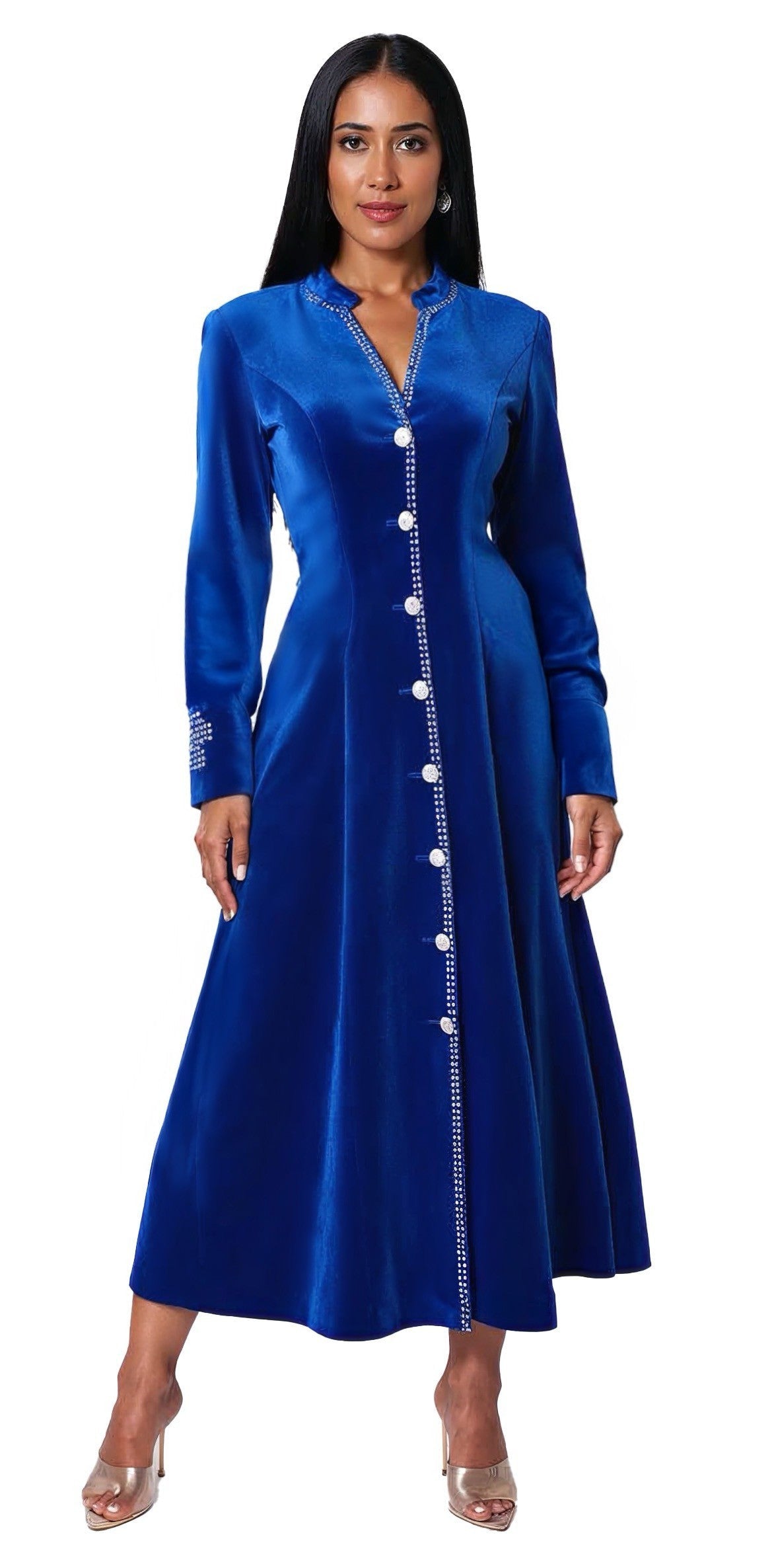 Model wearing royal blue velvet church robe with crystal trim, front standing pose by Tally Taylor