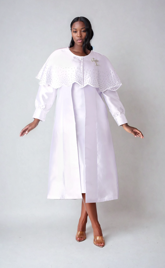 White 3-piece church robe with detachable rhinestone-trimmed cape shown from the front by Tally Taylor