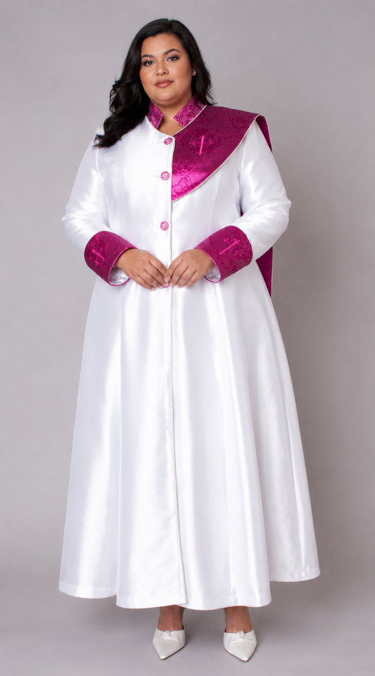 Plus size model wearing the Tally Taylor Jacquard Panel Clergy Robe in White Multi, featuring elegant jacquard contrast panels, a structured shoulder overlay, gold button detailing, and a flowing full-length silhouette designed for worship services, church anniversaries, ordinations, conferences, and ministry ceremonies.