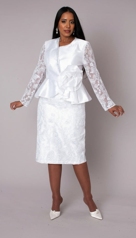 Model wearing white peplum church dress with lace sleeves and bow detail, front standing pose by Tally Taylor