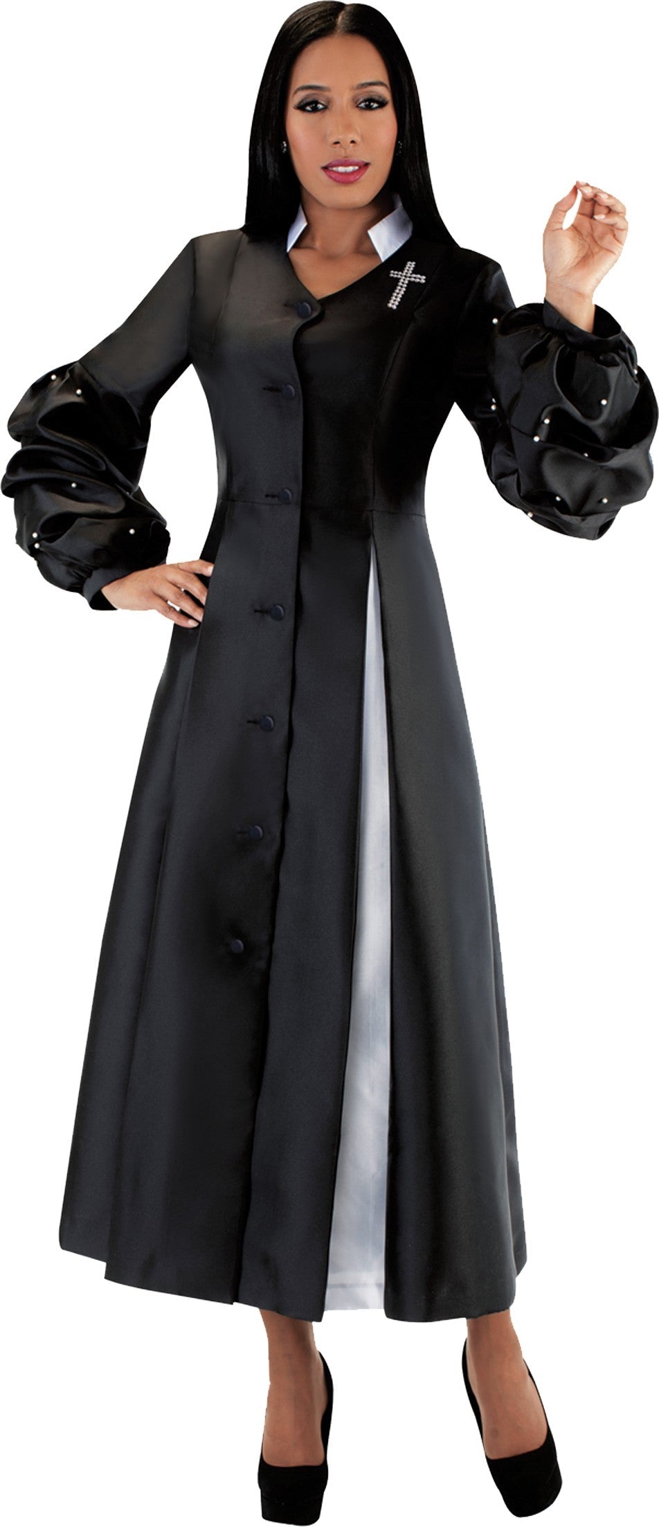 Black women's modern cassock robe with bishop sleeves and pearl accents, model standing front view with hand raised — Tally Taylor