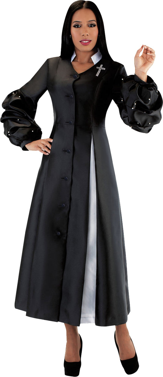 Black women's modern cassock robe with bishop sleeves and pearl accents, model standing front view with hand raised — Tally Taylor