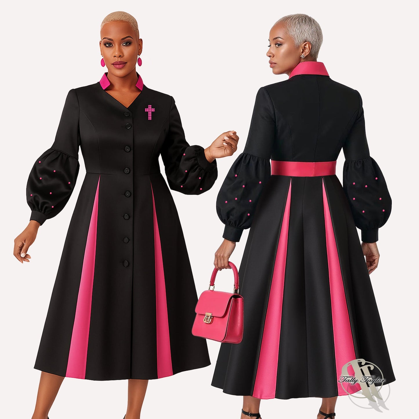 Black women's modern cassock robe with fuchsia trim and bishop sleeves, close-up front view — Tally Taylor